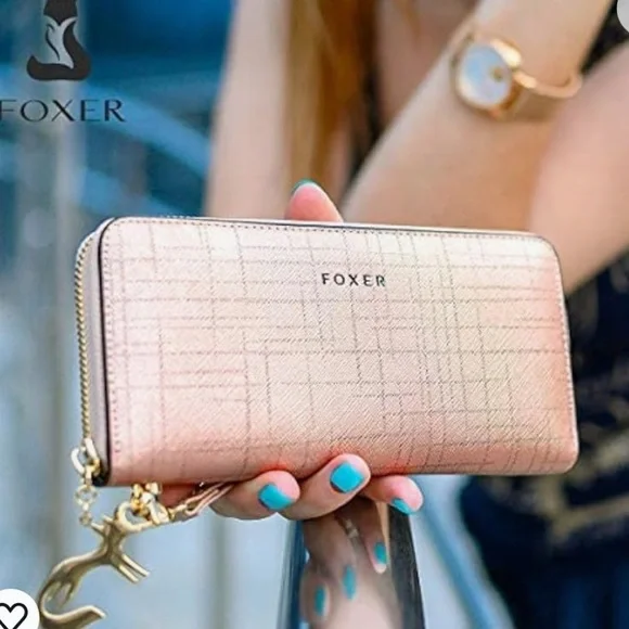 Foxer Women Leather Long Wristlet Wallet Clutch Rose Gold - Picture 2 of 14